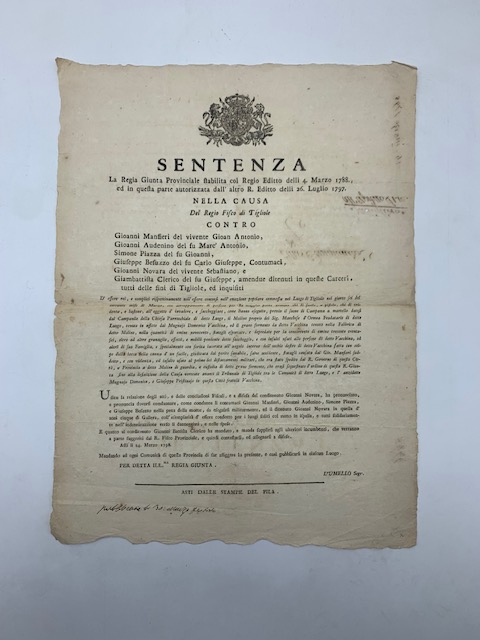 Sentenza. La Regia Giunta Provinciale stabilita col Regio Editto delli 4 marzo 1788...nella causa del Regio Fisco di Tigliole